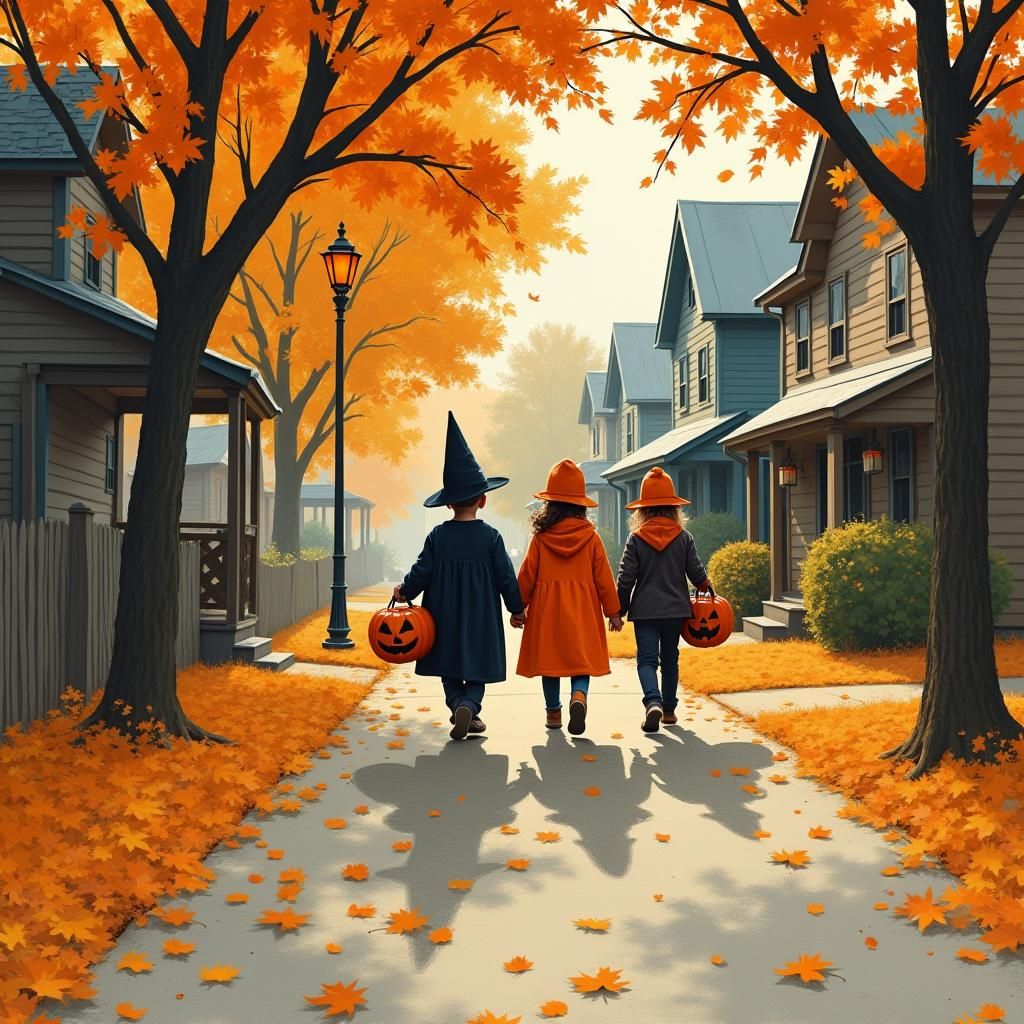 Children in Halloween Costumes, Americana Illustration