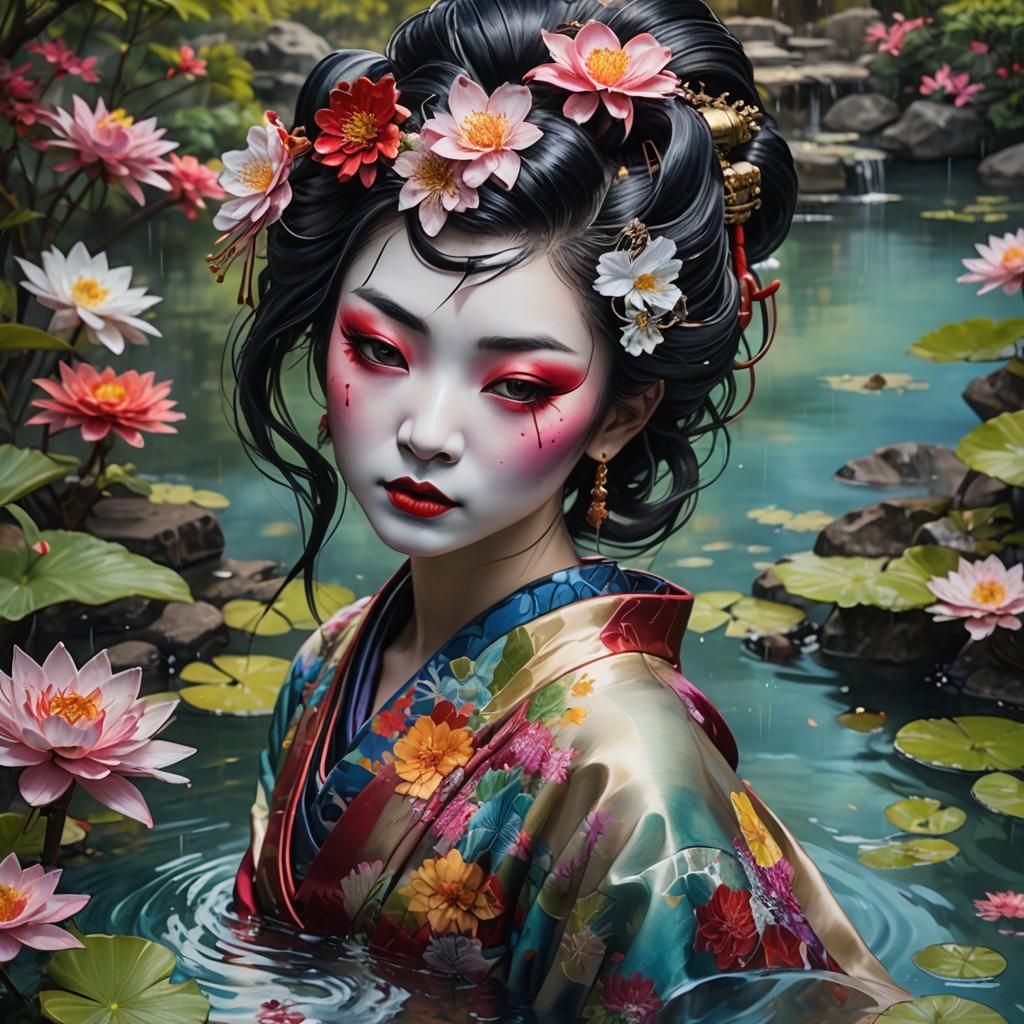 Hyperrealistic Geisha in Silkpunk Water Garden