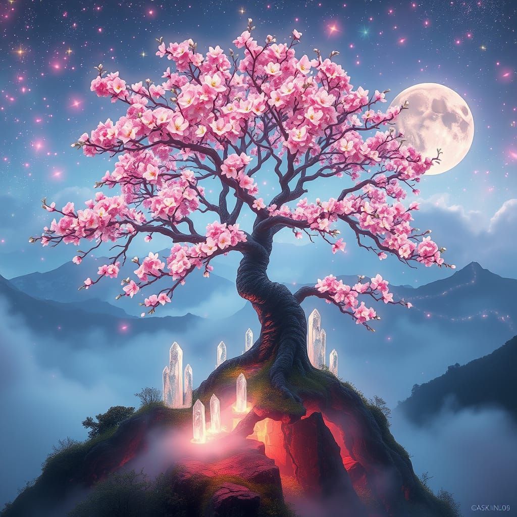 Bioluminescent Cherry Blossom Tree in Fantastical Realism