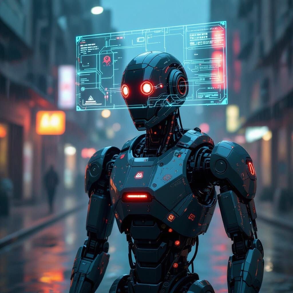 Aegis-9 Sentinel Robot Projecting Tactical Map in Cyberpunk ...