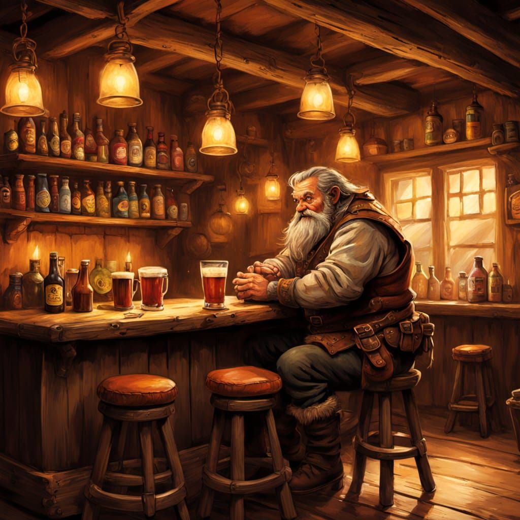 Stout Dwarf Sits at Rustic Tavern Bar
