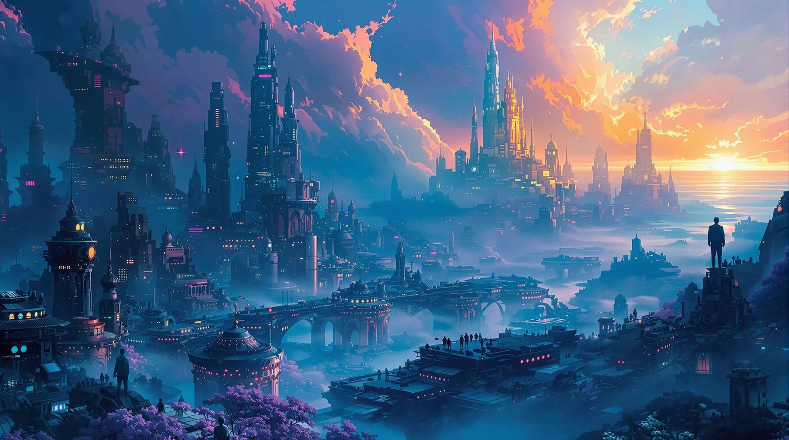 Cyberpunk Seascape with Misty Cityscapes
