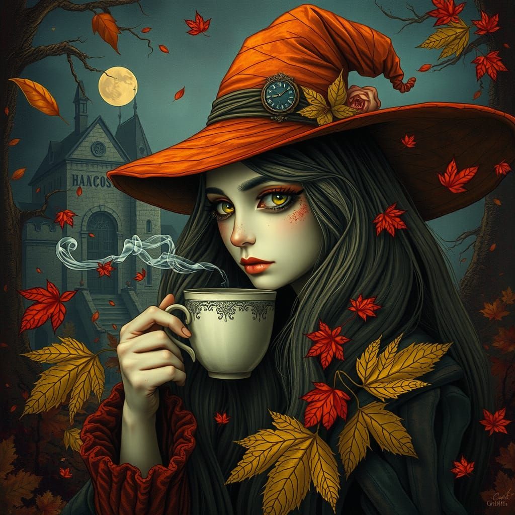 Ancient Autumn Witch Coffee in Surrealist Style