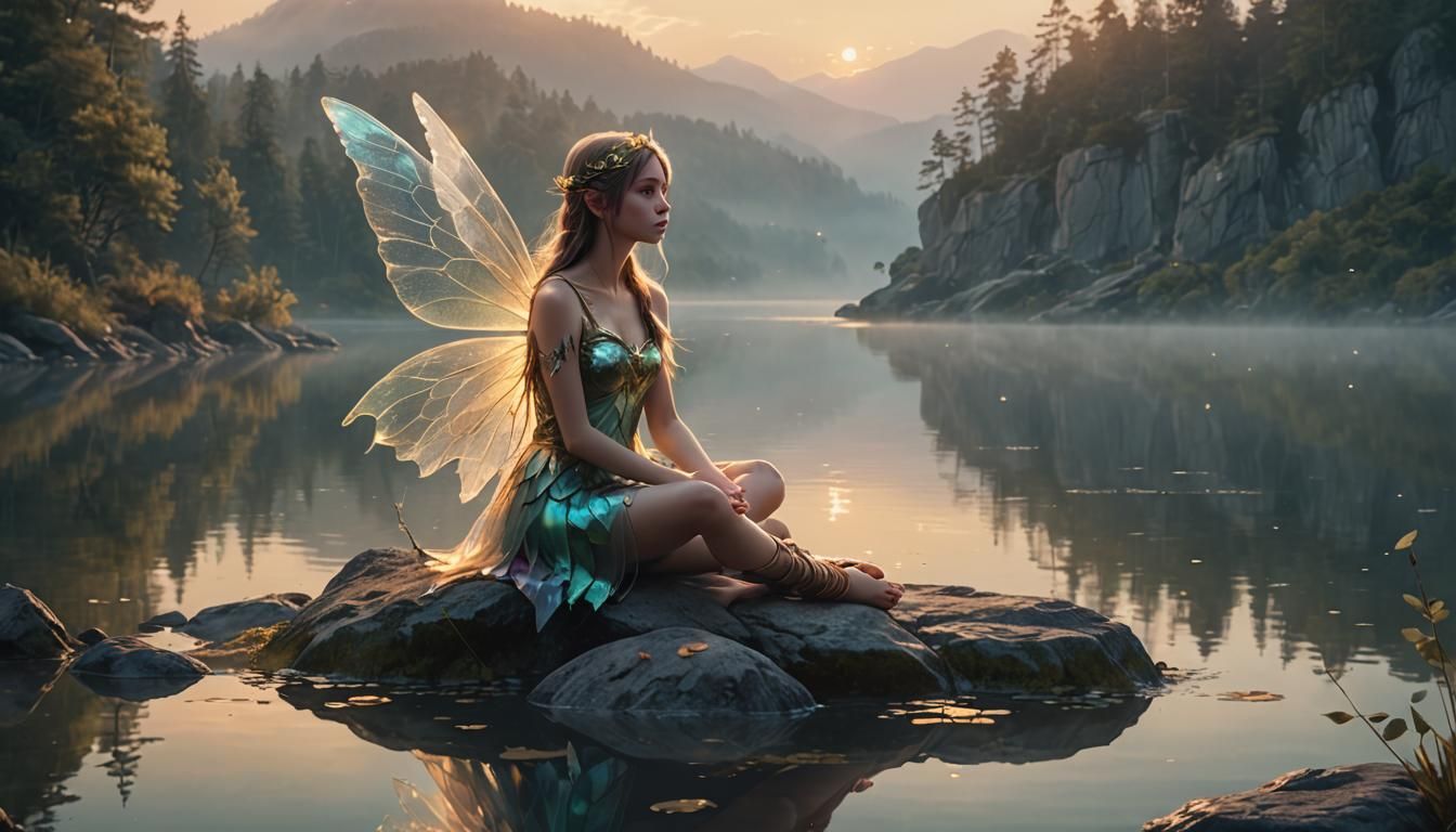 Fairy with Iridescent Wings by Misty Lake