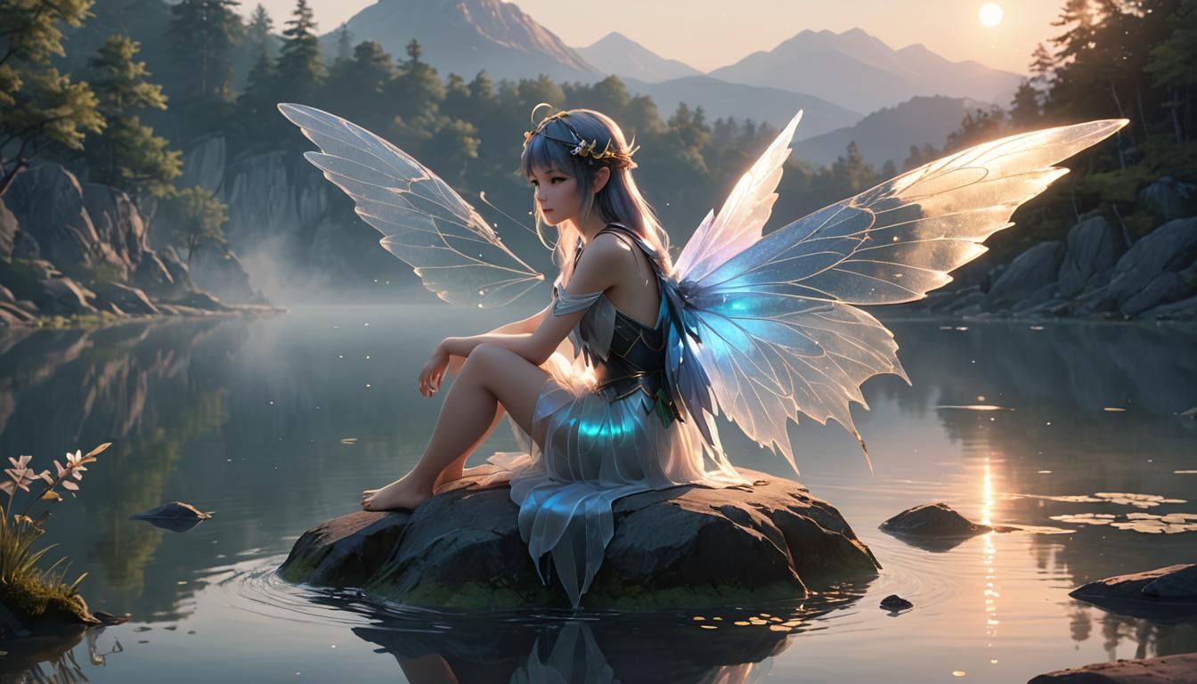 Anime Fairy with Iridescent Wings at Dawn