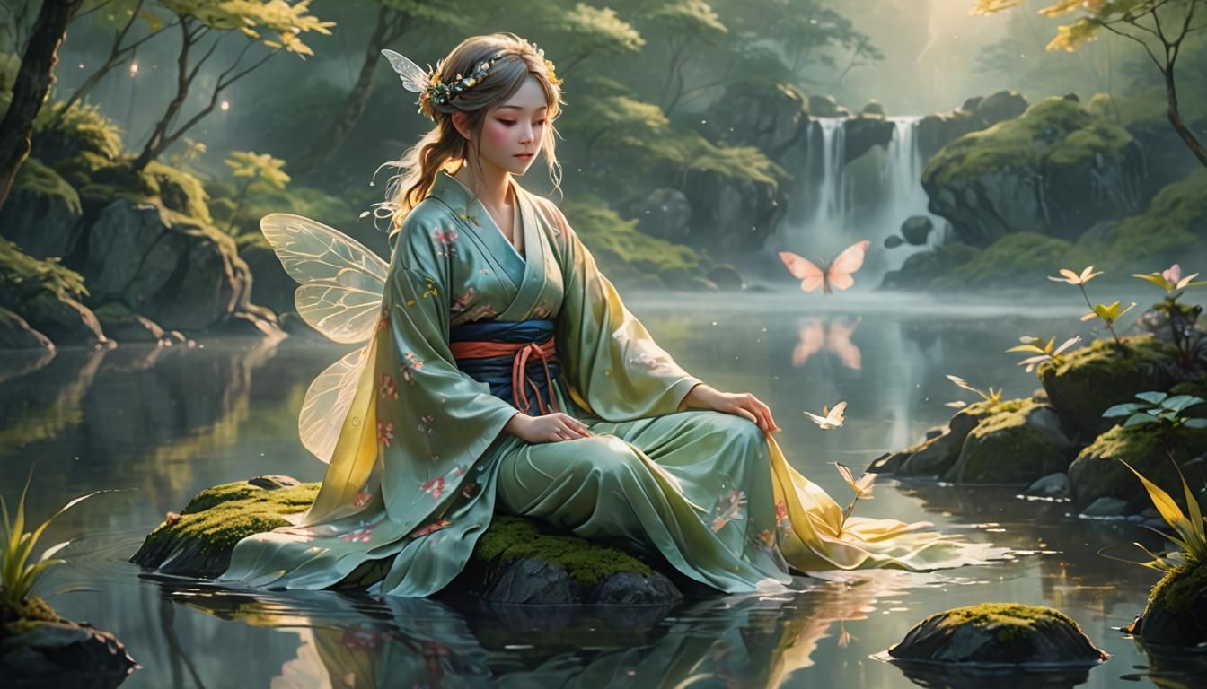 Anime Fairy with Iridescent Wings at Dawn