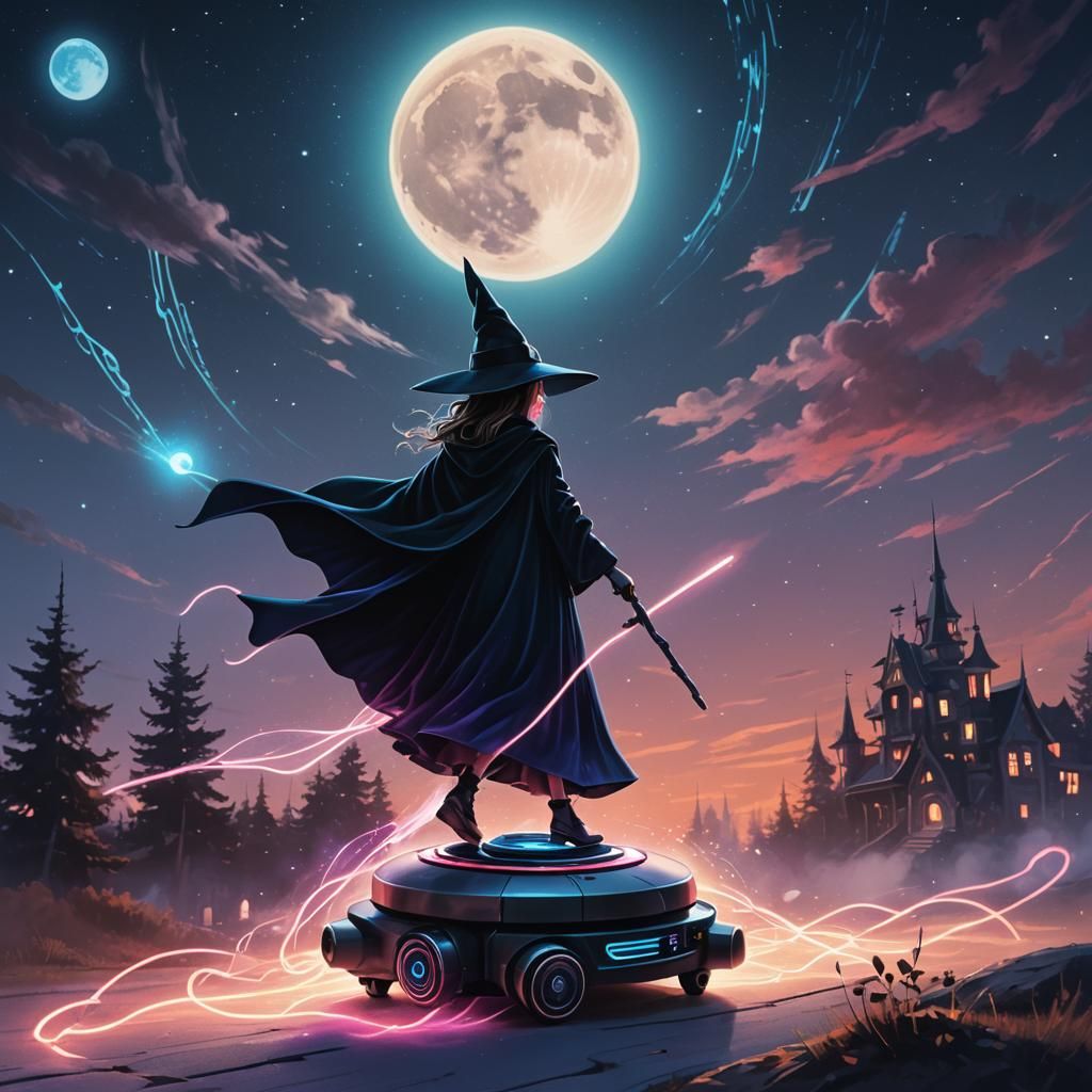 Young Witch Flies on Glowing Vacuum, Digital Art