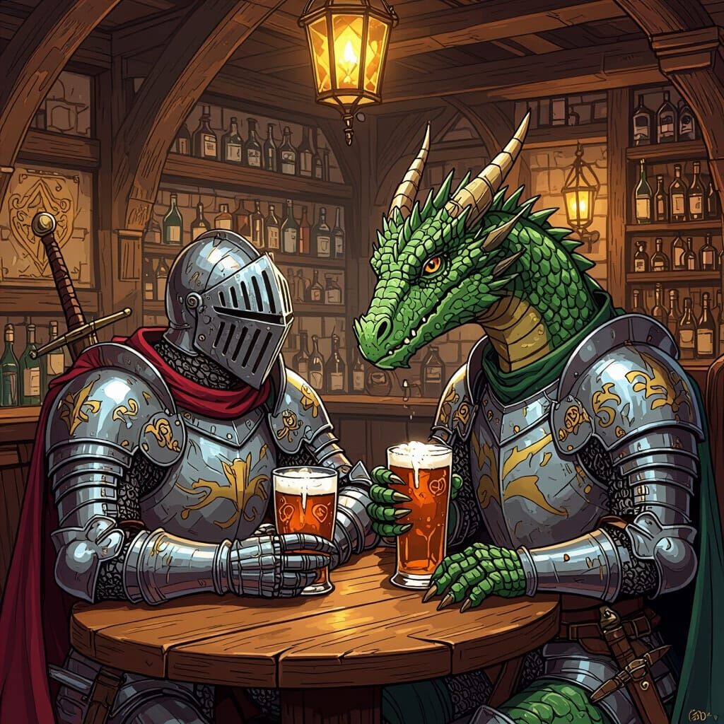 Knight and Dragon Share Drink in Medieval Pub - Pulp Comic S...