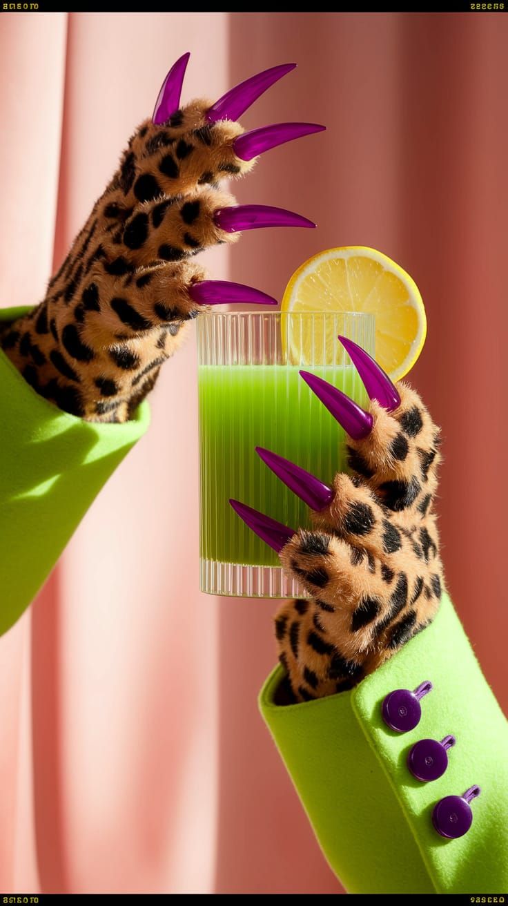 Leopard Hands Hold Juice in Dreamy Pink Light