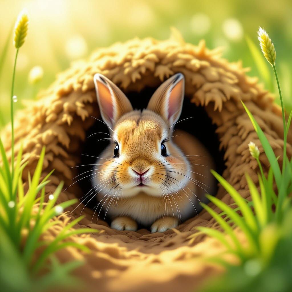 Fluffy Rabbit Peeks from Burrow in Golden Sunlight