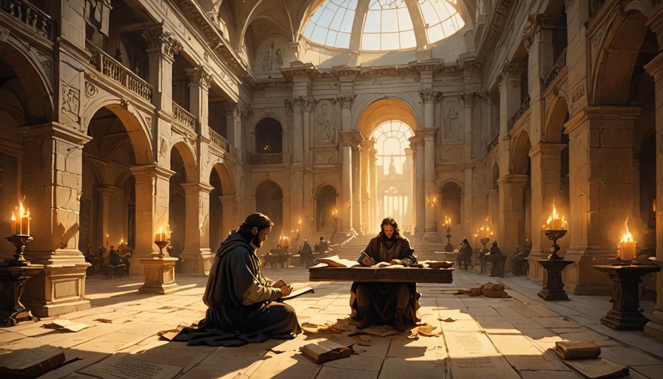 Person Writing in Roman Atrium with Renaissance Palette