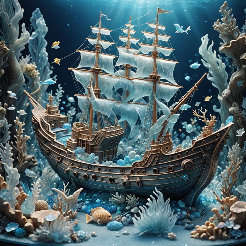 Crystal Ship and Mermaids: Ethereal Glass Sculpture