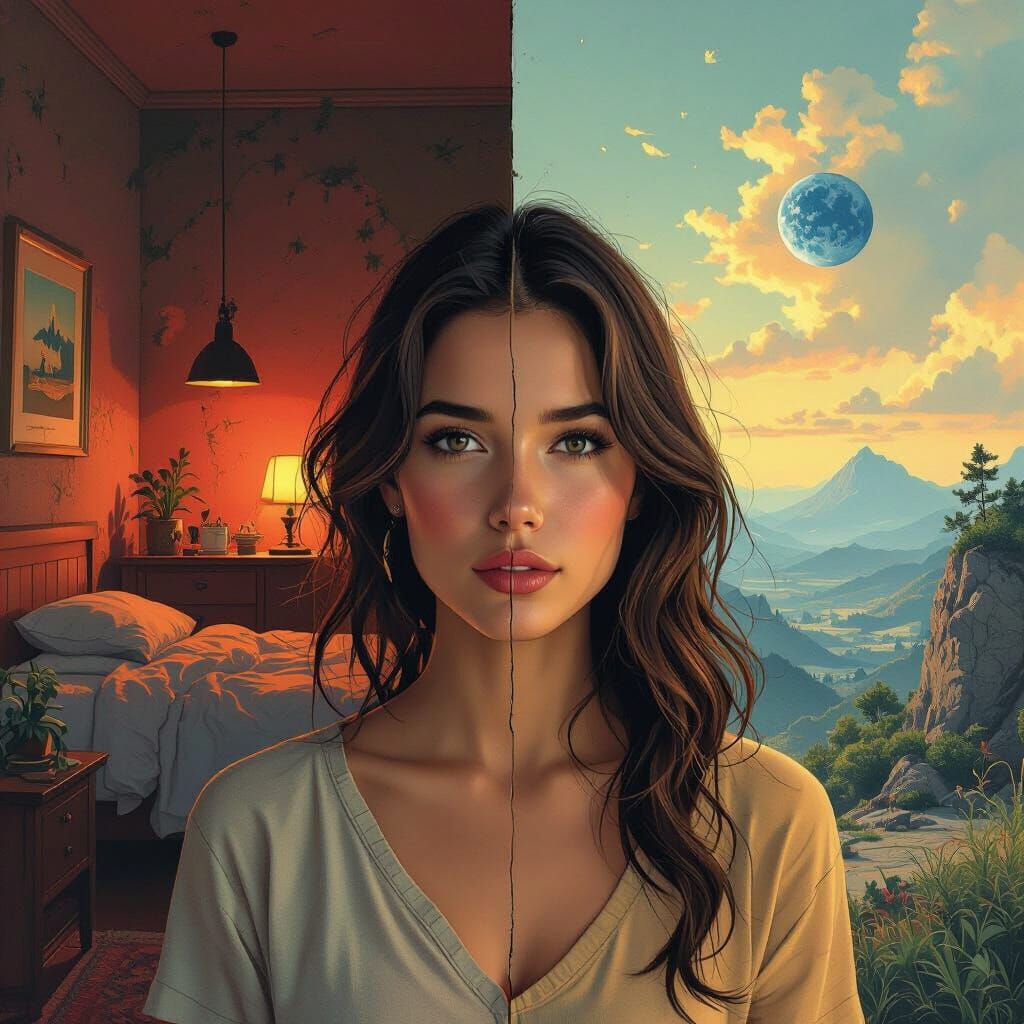 Introspective Woman in Surreal Landscape, Inspired by Stalen...