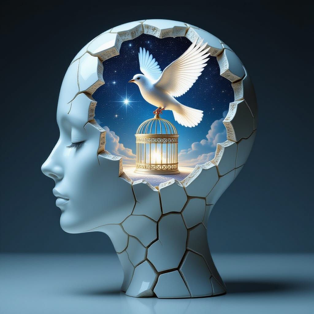 Surreal Porcelain Head With Open Birdcage and Glowing Bird