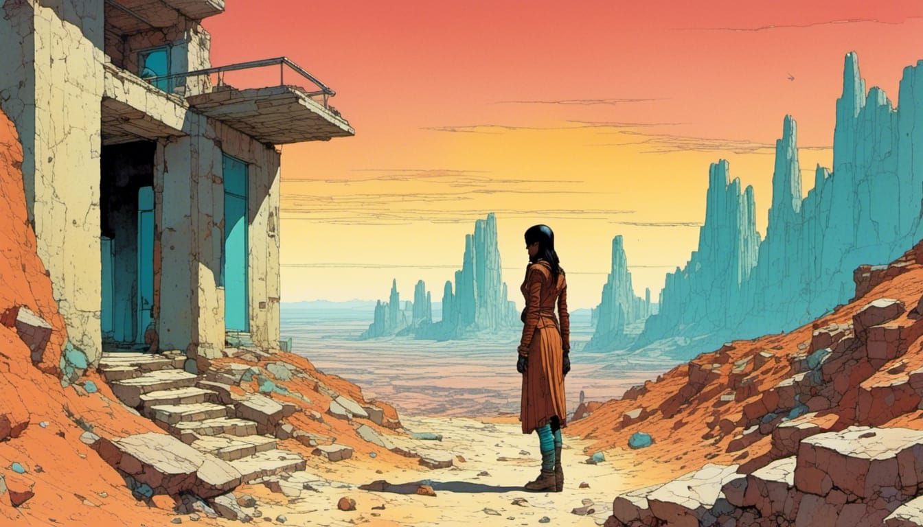 Moro Girl in Desert Valley, Moebius Style