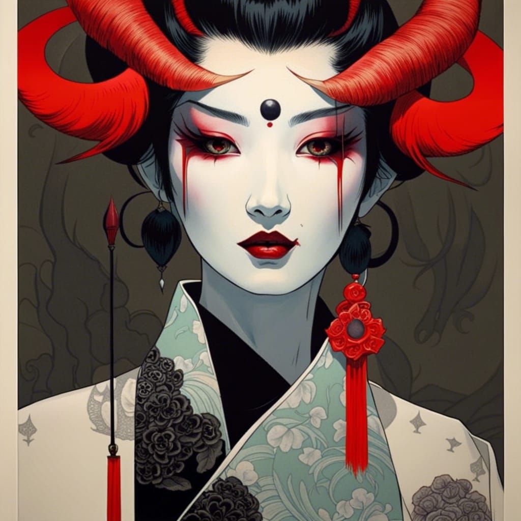 Terrifyingly Beautiful Androgynous Geisha with Demonic Horns