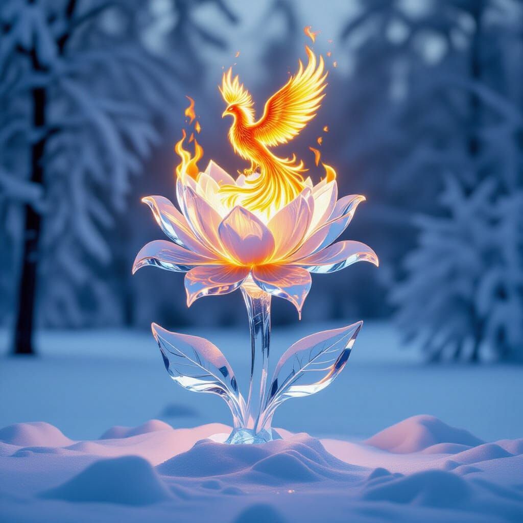 Ice Flower With Flaming Phoenix Sculpture