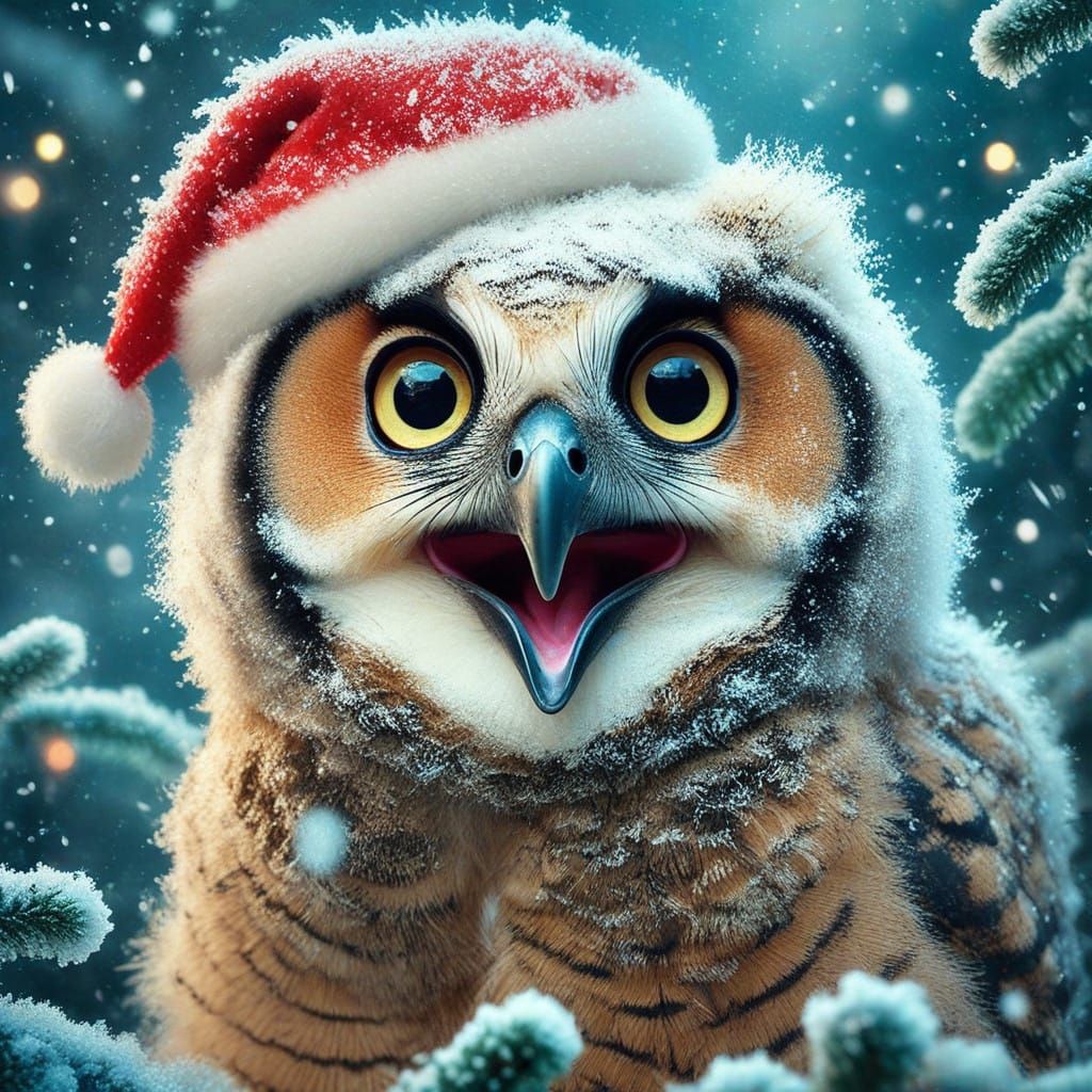 Magical Christmas Owl Portrait in Vibrant Colors