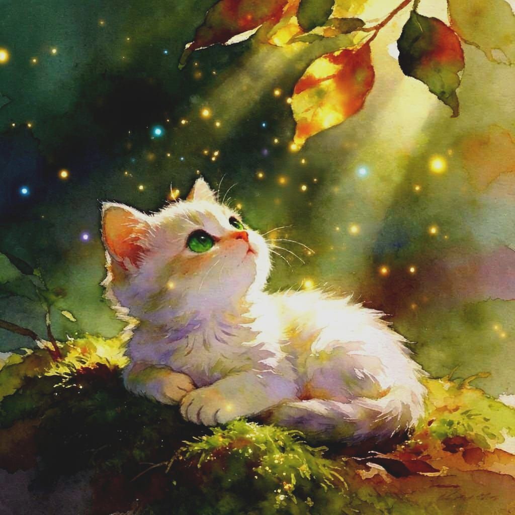 Fluffy Kitten Gazes Upwards in Mossy Woodland