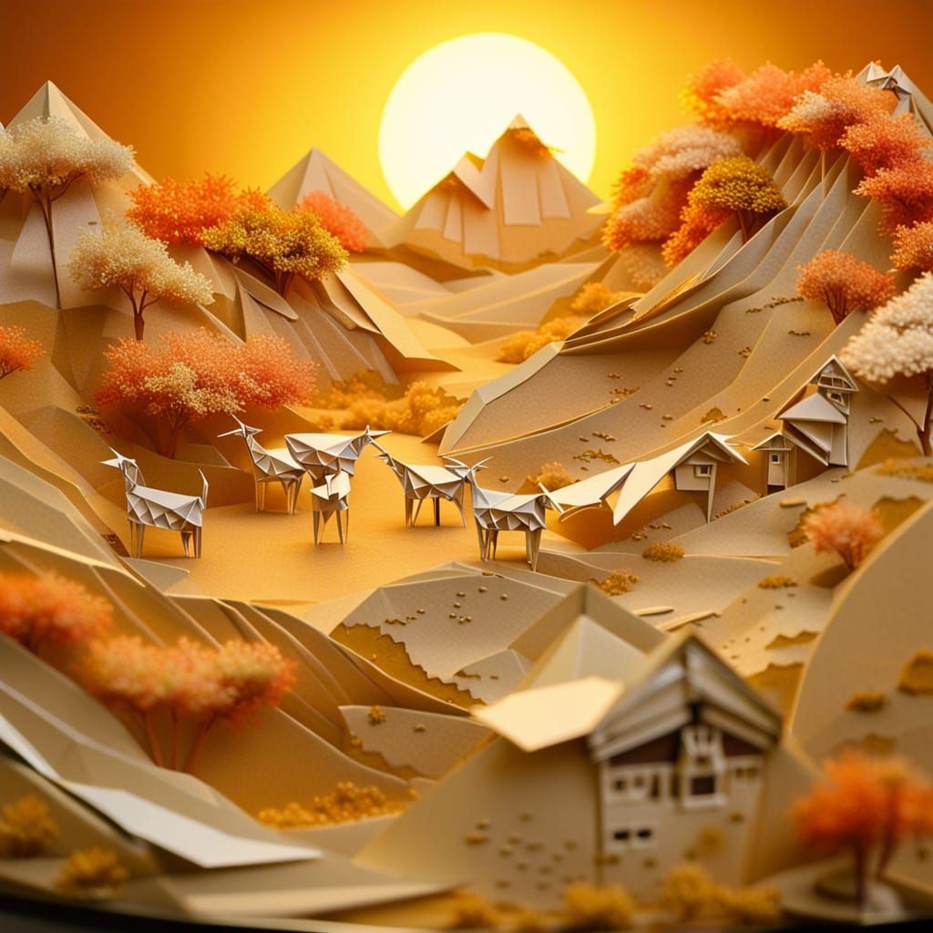 Origami Goat Farm at Sunrise: Japanese Art