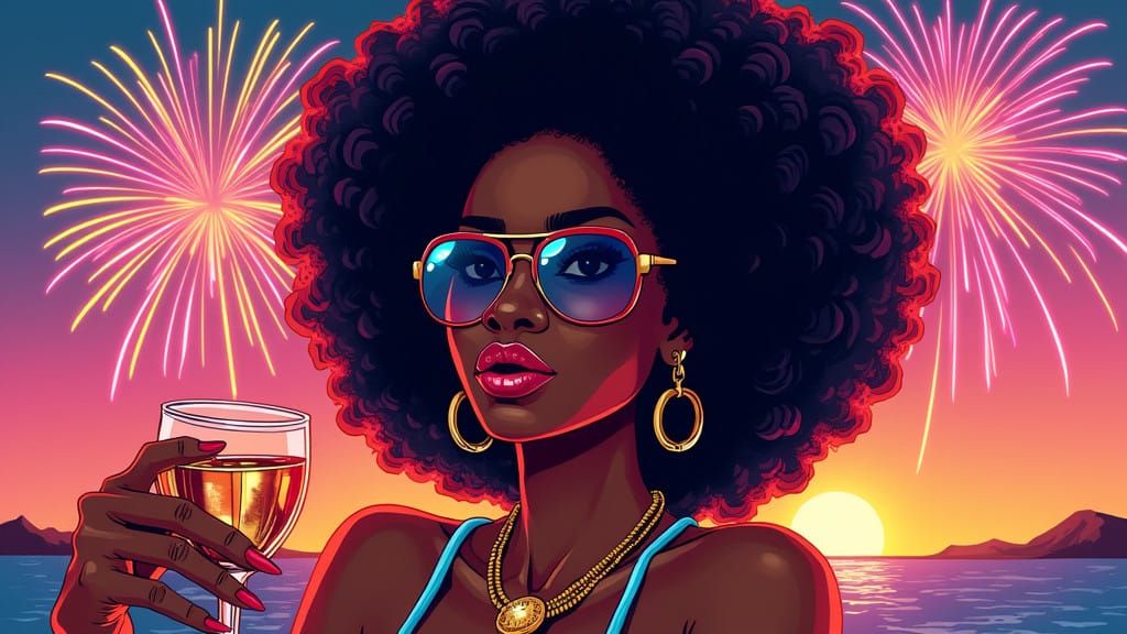 Vibrant Pop Culture Icon in Groovy 70s-Era Vibes with Firewo...