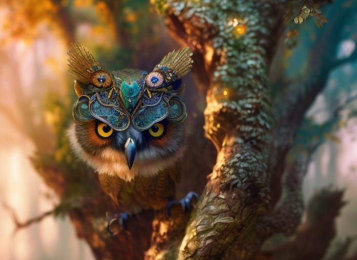 Chibi Owl Bear Cub Portrait in Fantasycore Style