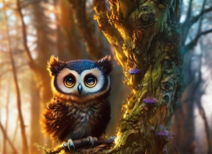 Chibi Owl Bear Cub in Fantasy Forest