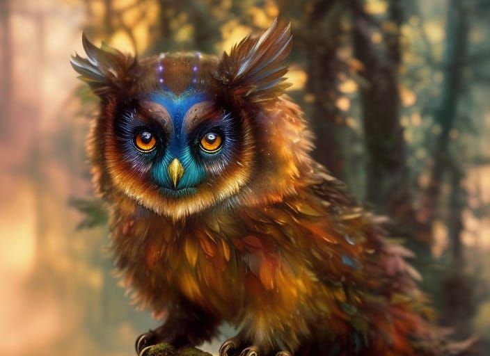 Surreal Chibi Owl Bear Cub in Whimsical Greek Fantasy Forest