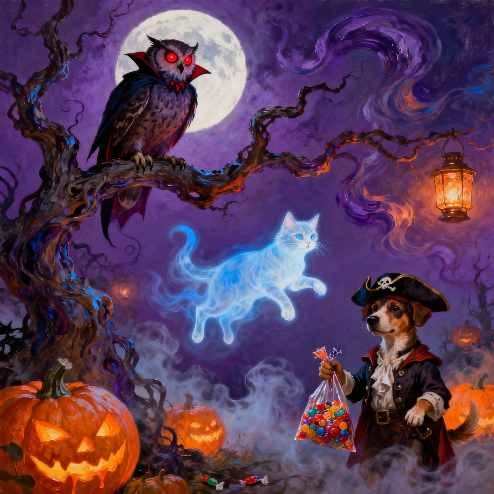 Whimsical Halloween Animals in Costume Under Moonlight