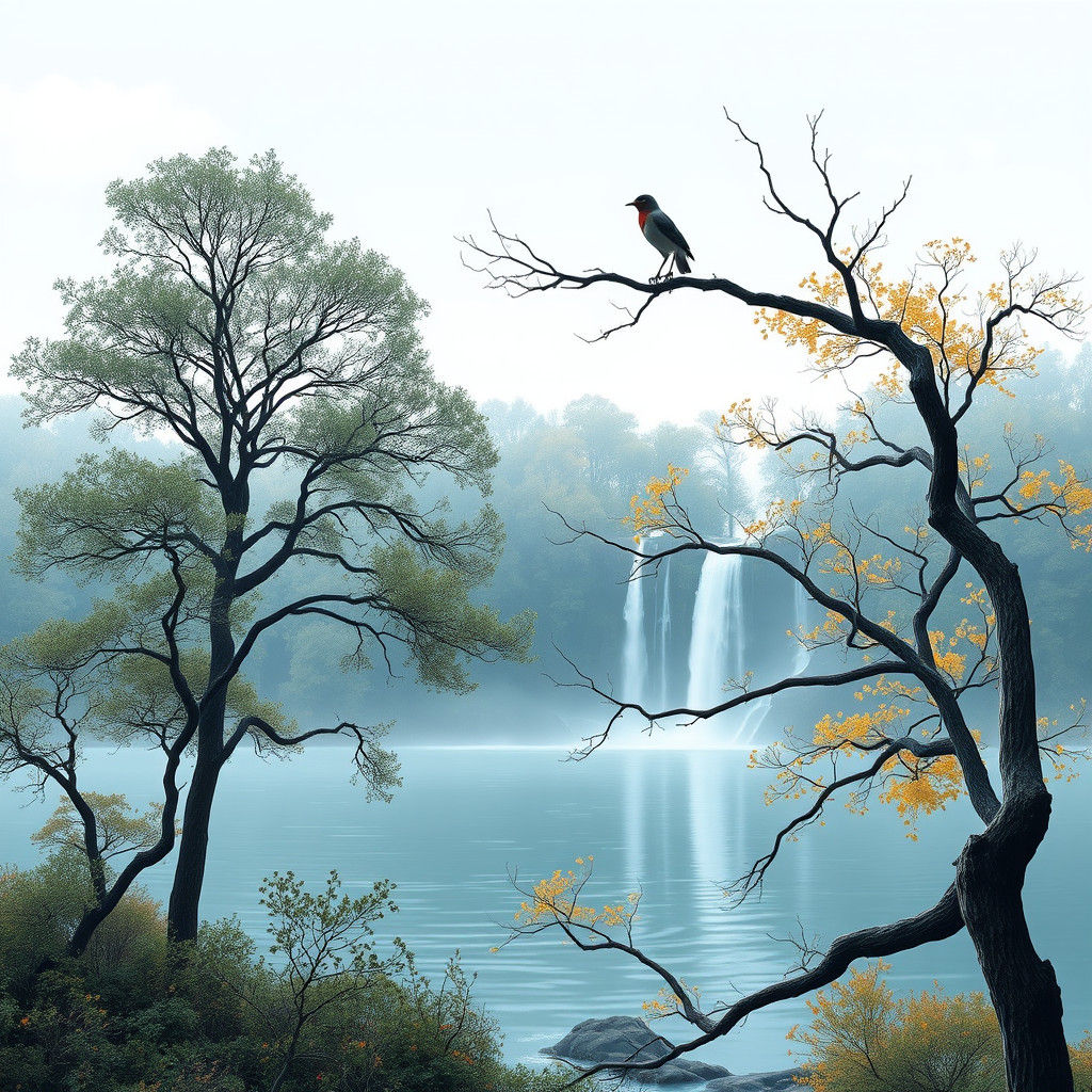 Peaceful Blue Landscape with Waterfall and Bird