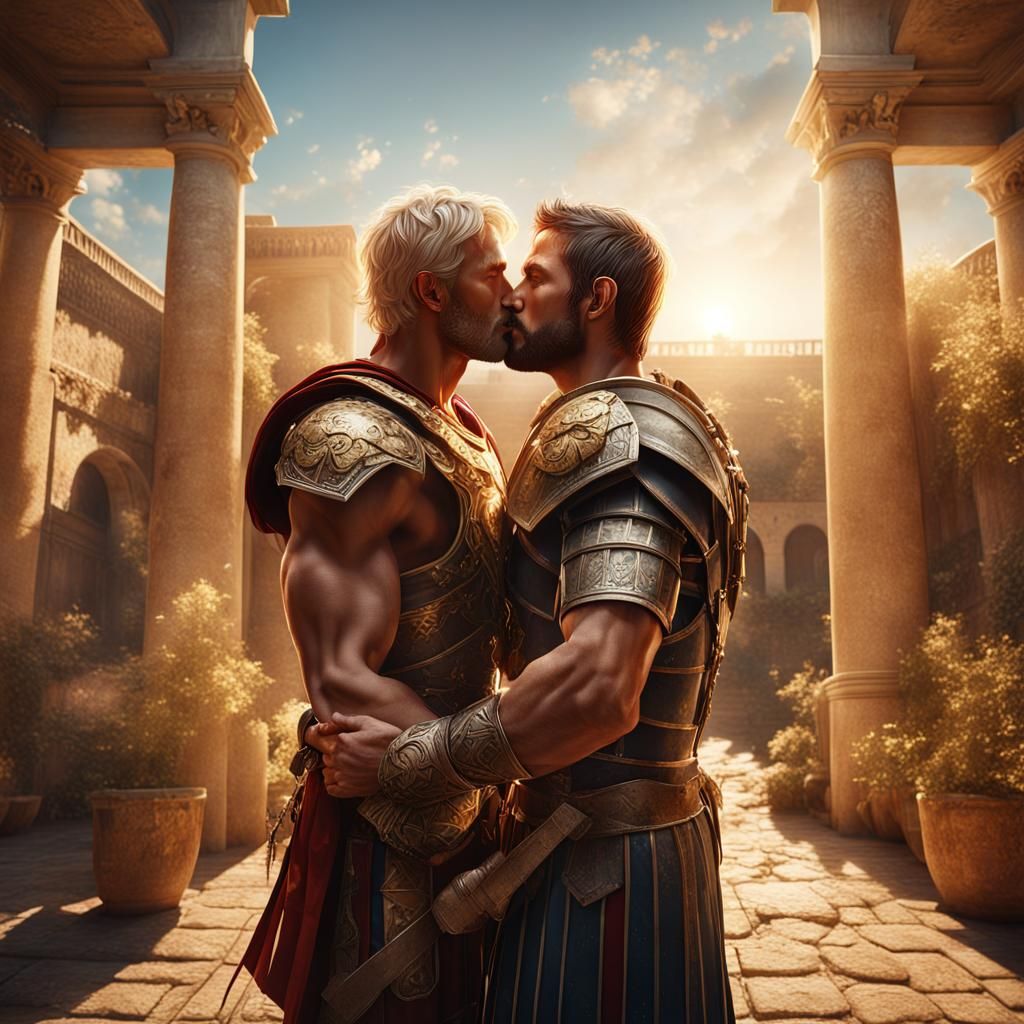 Roman Gladiator's Passionate Kiss: Detailed Digital Painting