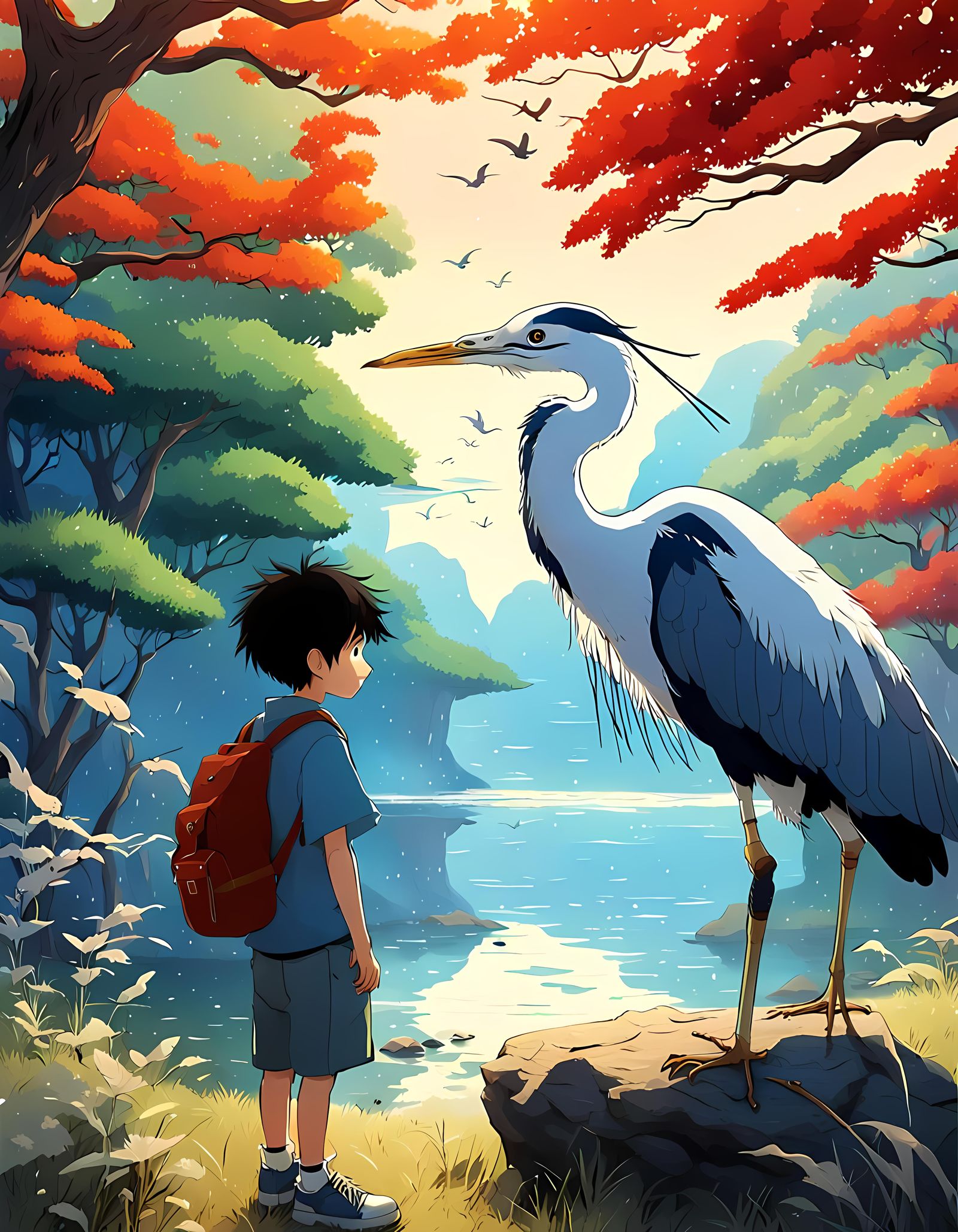 Boy and Heron Play: Studio Ghibli Anime Film Poster