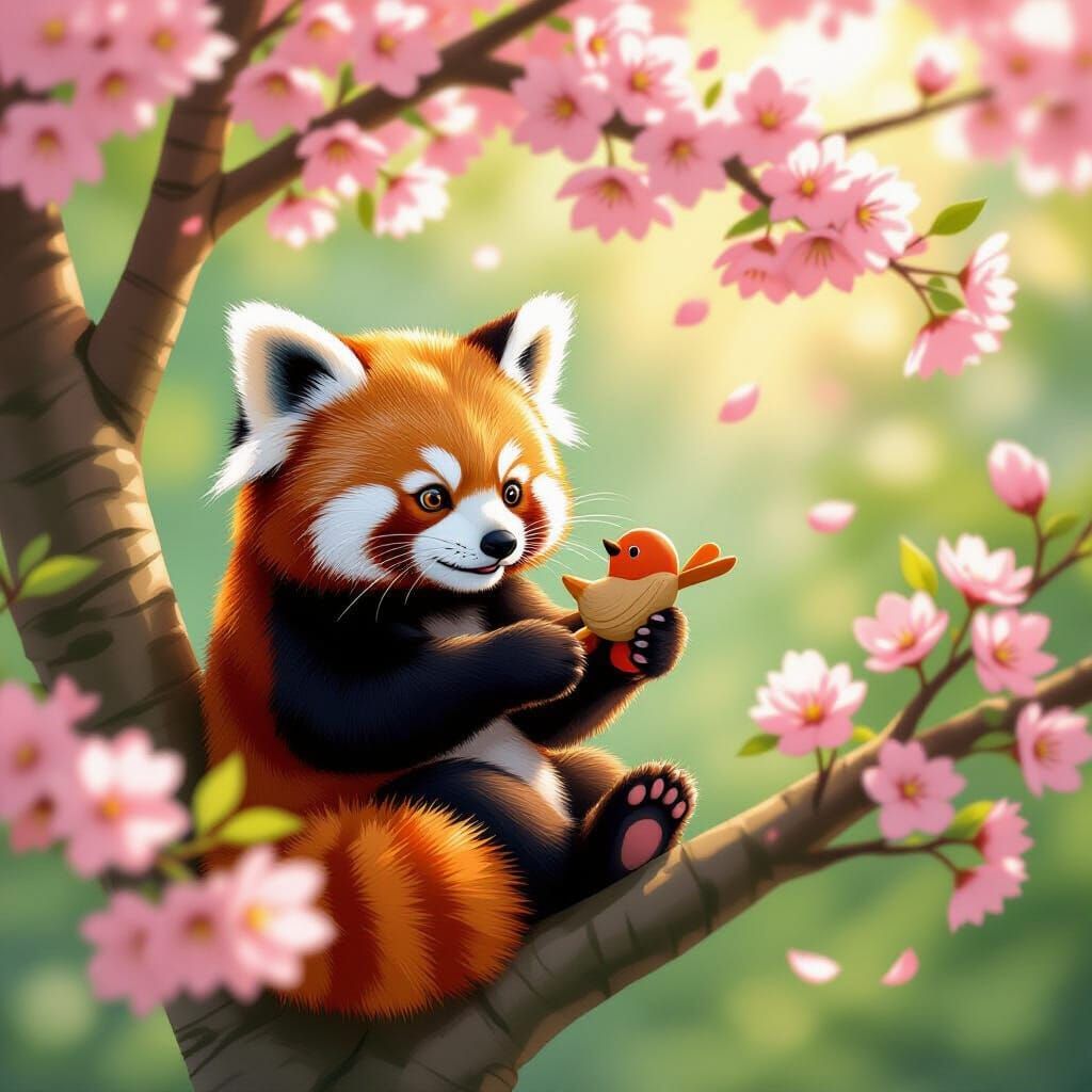Red Panda Plays with Wooden Bird in Cherry Blossom Tree