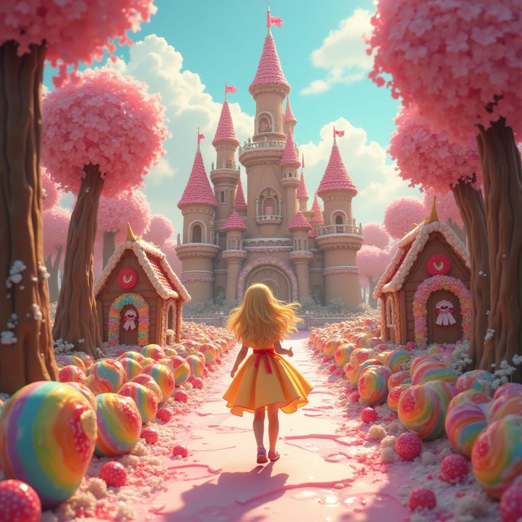 Girl in Rainbow Dress Skips to Candy Castle