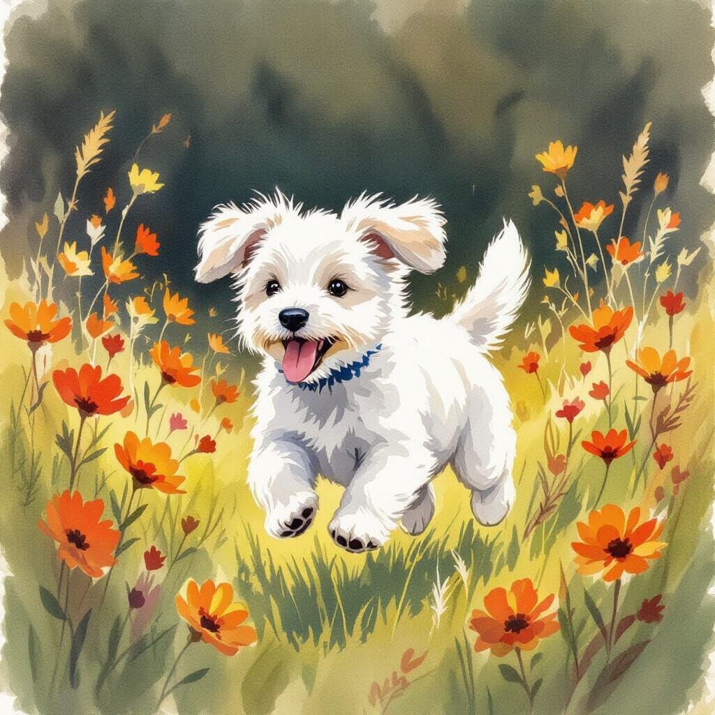 Puppy Playing in Orange Flower Field, Watercolor Style