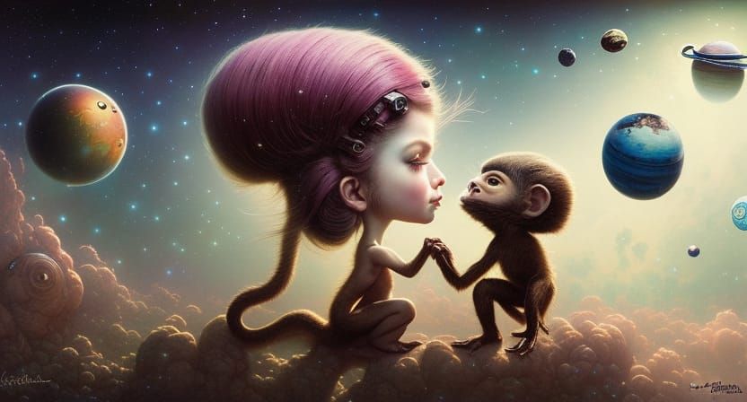 Girl and Alien Monkey in Space, Surreal Art
