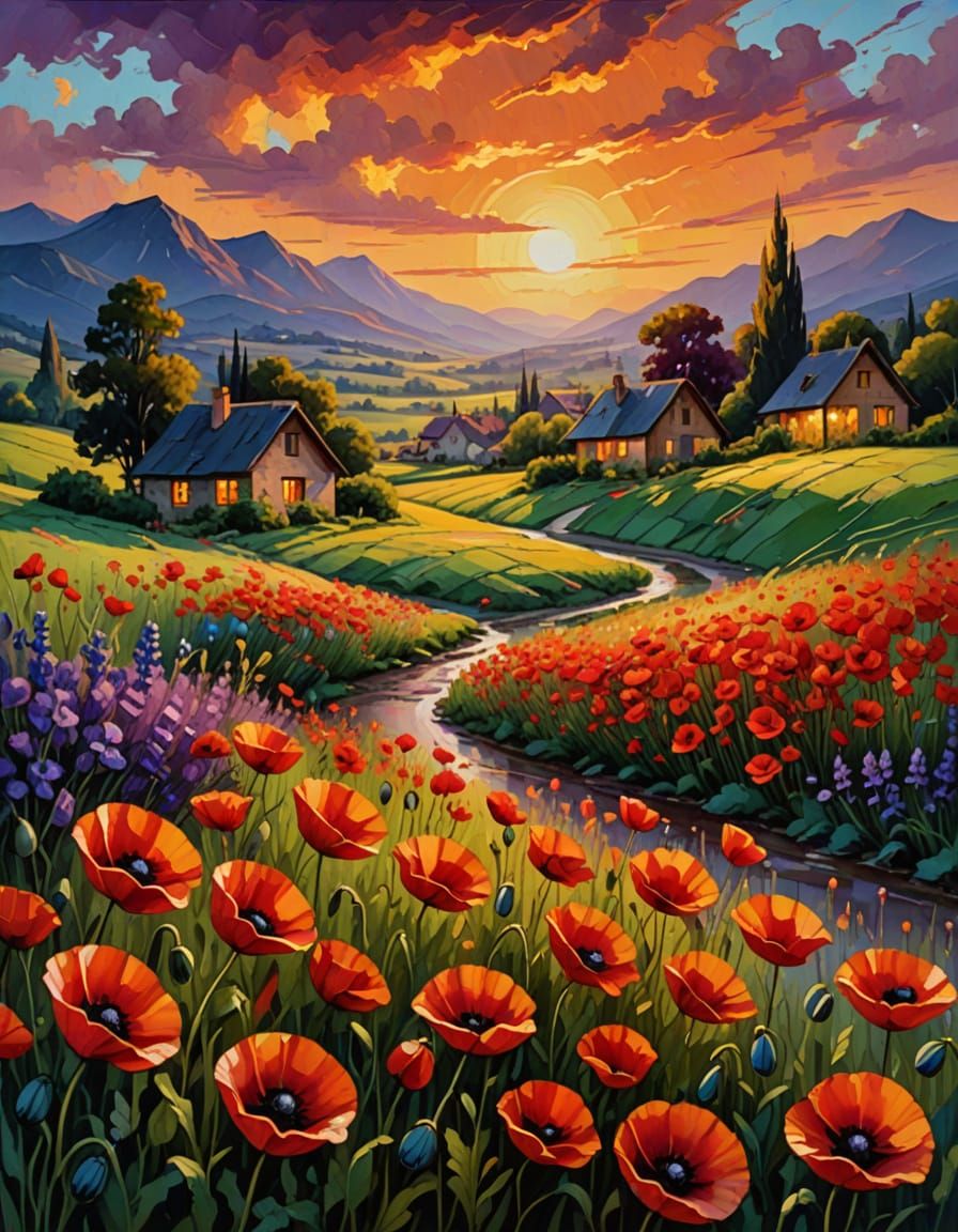 Impressionist Village Sunset Painting with Poppies