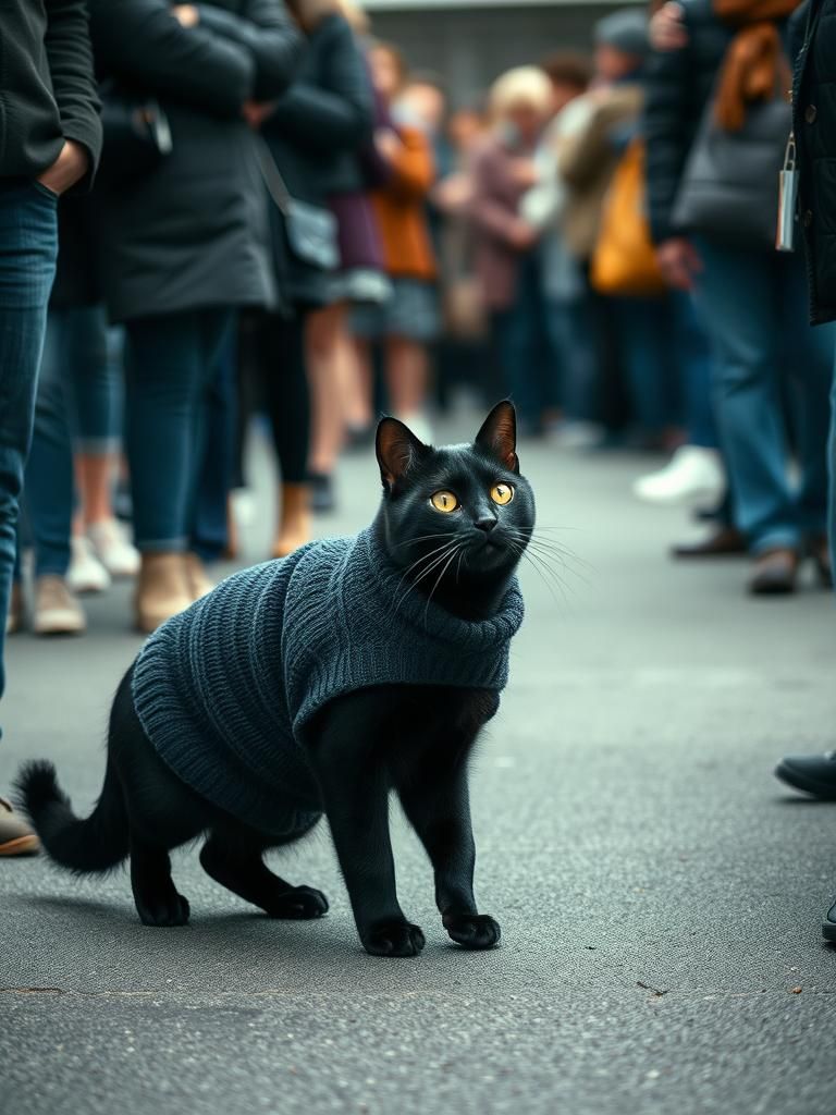 Lonely Humanoid Cat in Crowd: Retro Photography