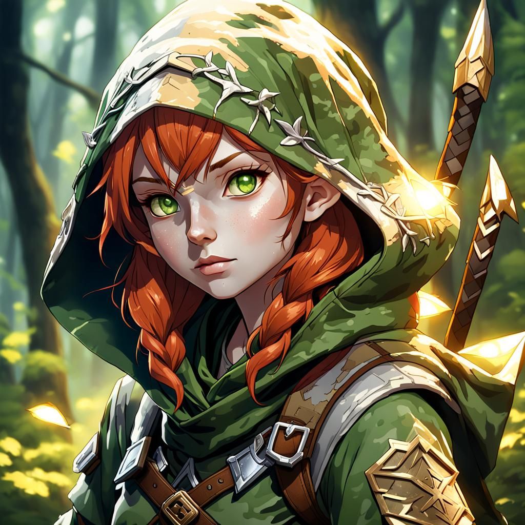 Redhead Elf Ranger Portrait in Anime Style