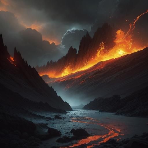 Magma Rivers Flow in Volcanic Landscape