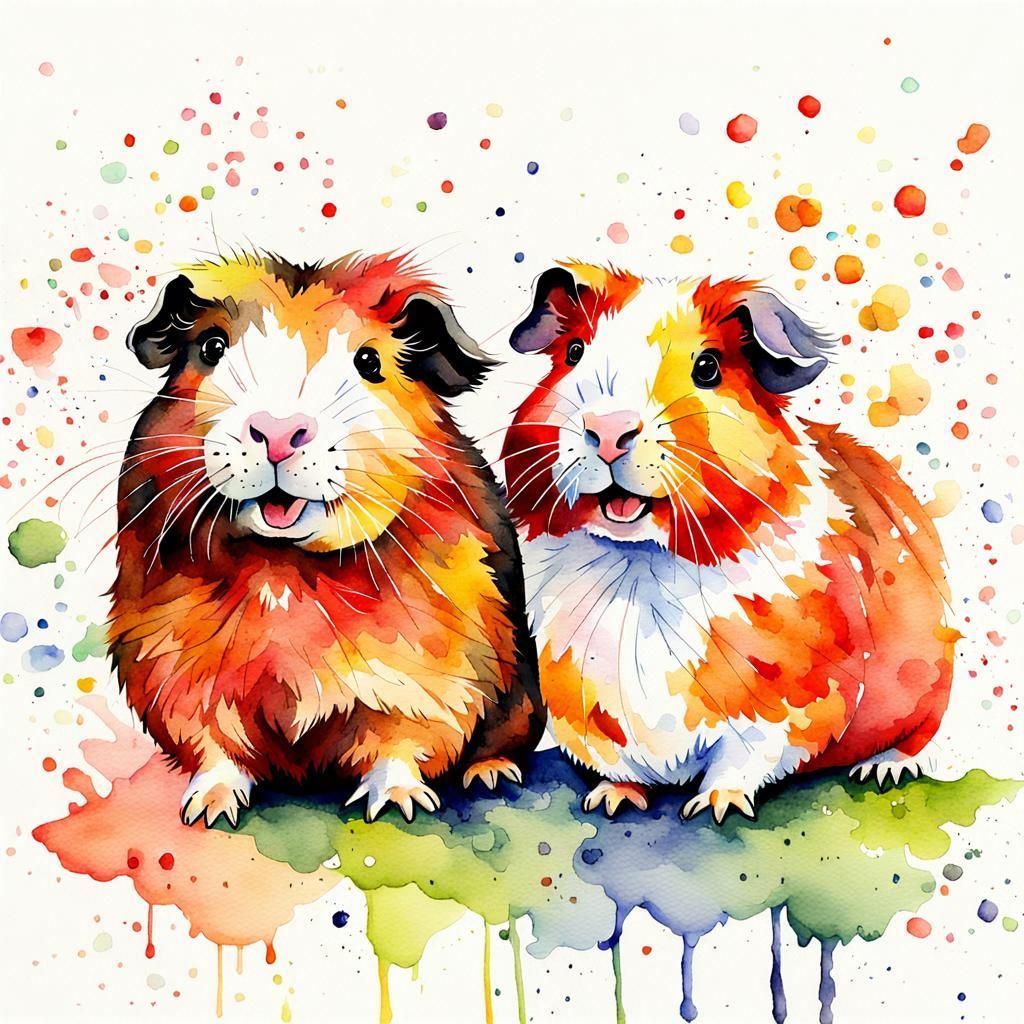 Happy Guinea Pigs in Watercolor Style