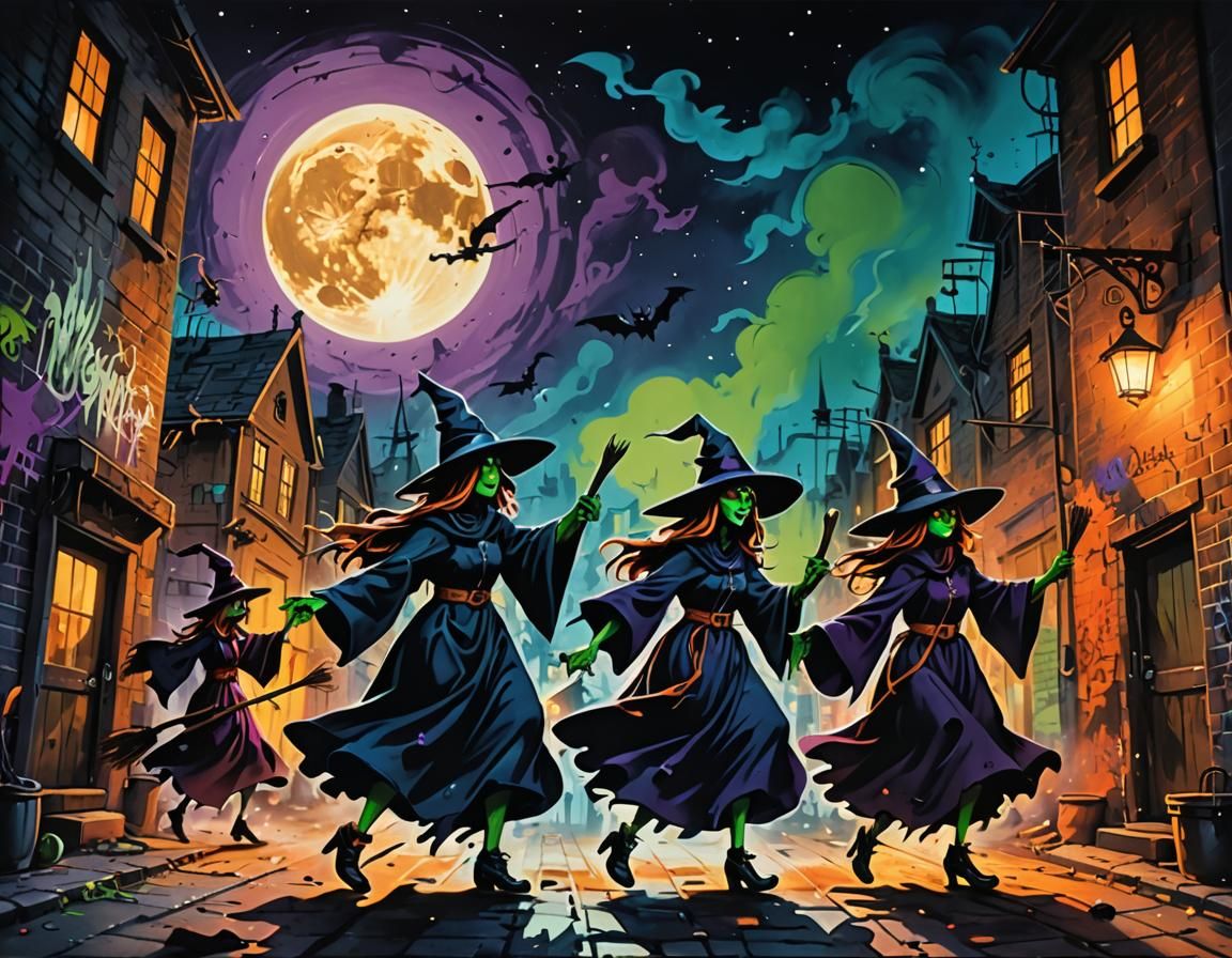 Witches Dancing in Alleyway Graffiti Art