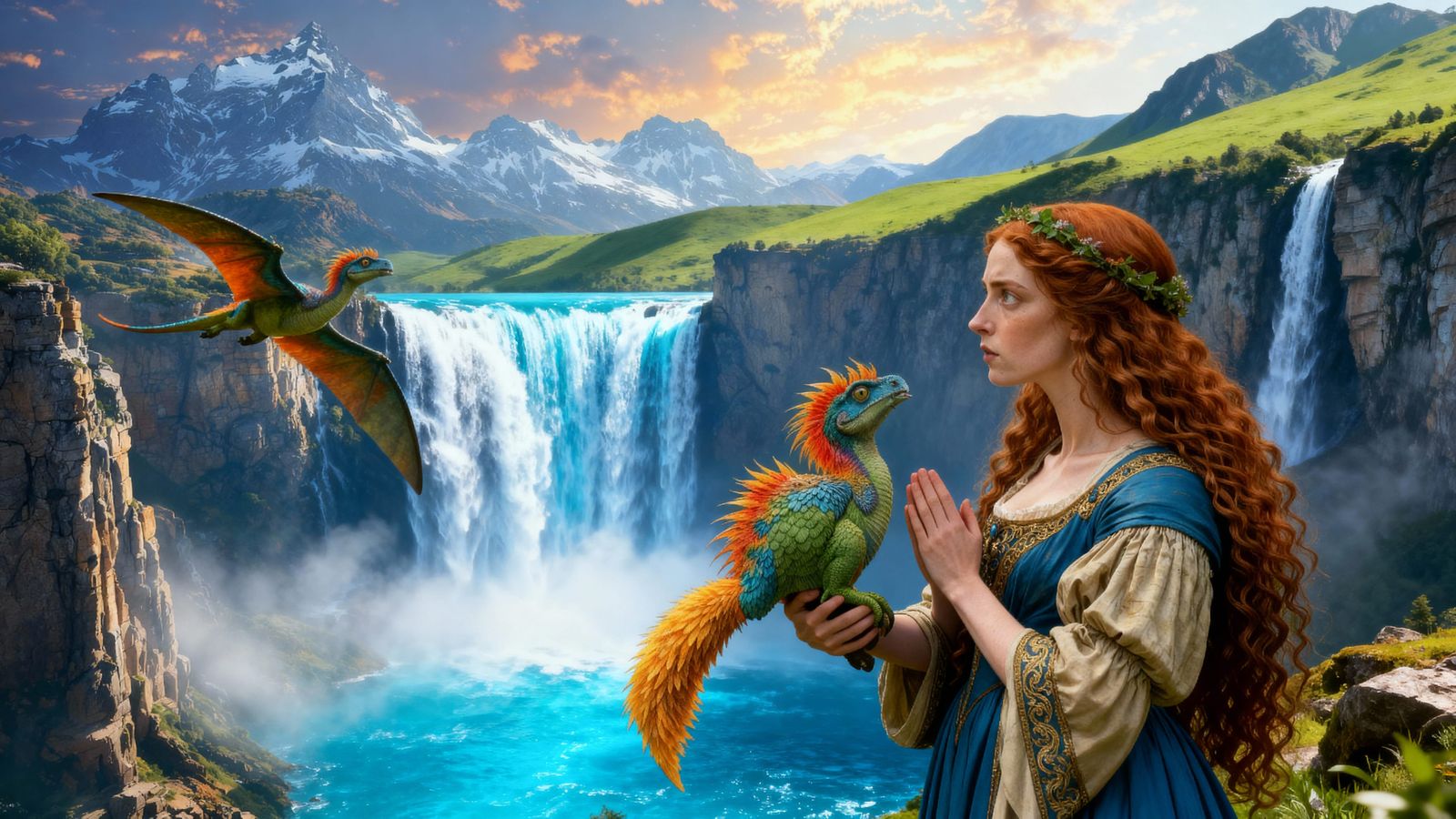 Woman and Flying Dinosaur Embrace by Waterfall