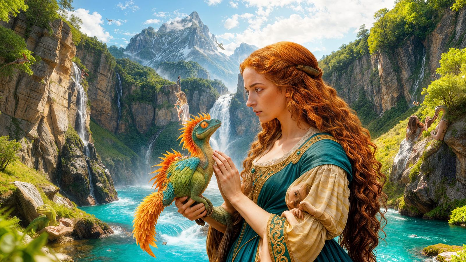 Woman Embraces Flying Dinosaur Pet Near Waterfall