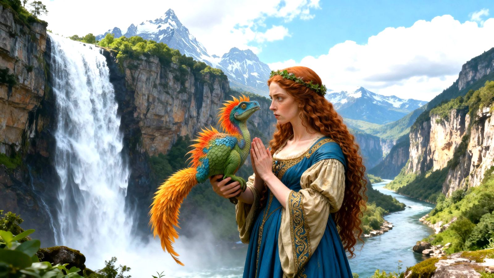 Woman and Flying Dinosaur Share Tender Moment by Waterfall