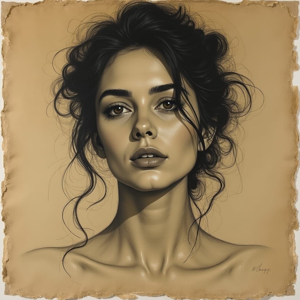 Expressive Charcoal Portrait on Sepia-Toned Paper