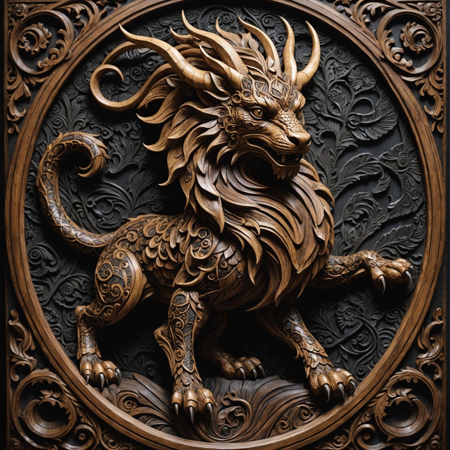 Detailed Wood Carving of Mythical Creature