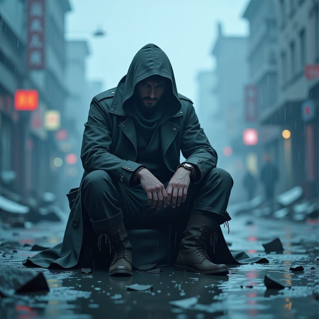 Figure in Desolate Cityscape Amidst Shattered Memories