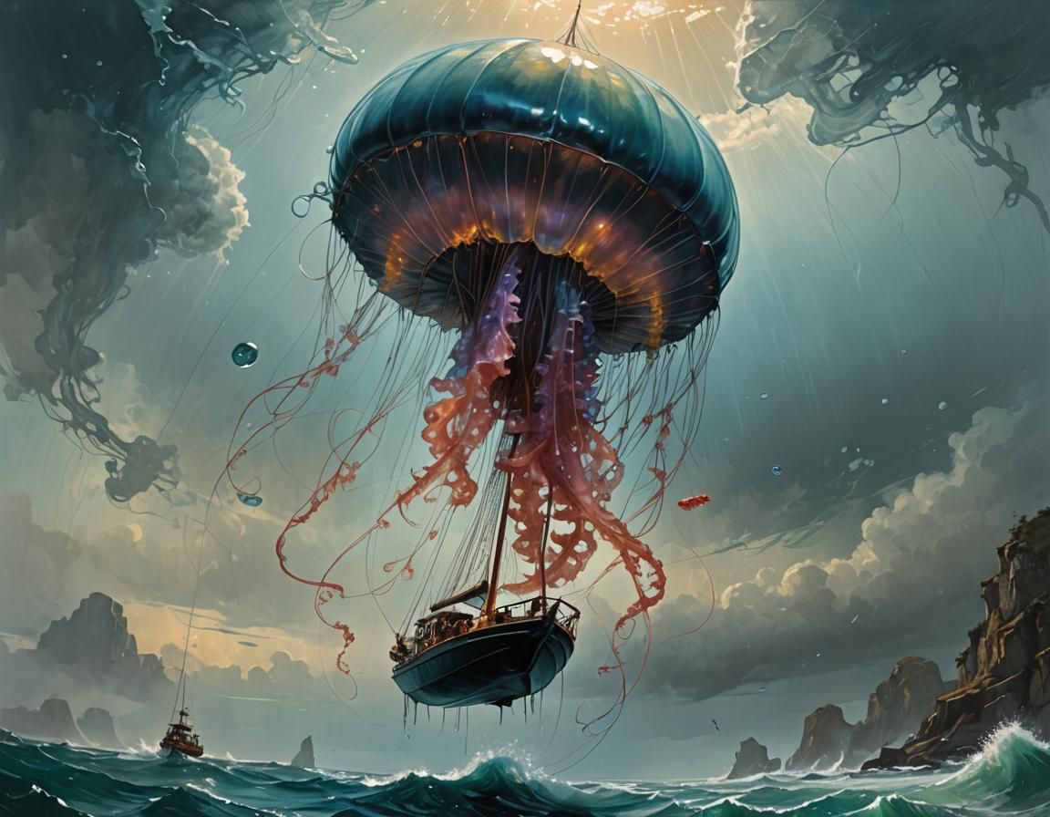 Jellyfish and Sailboat in Dramatic Oil Painting
