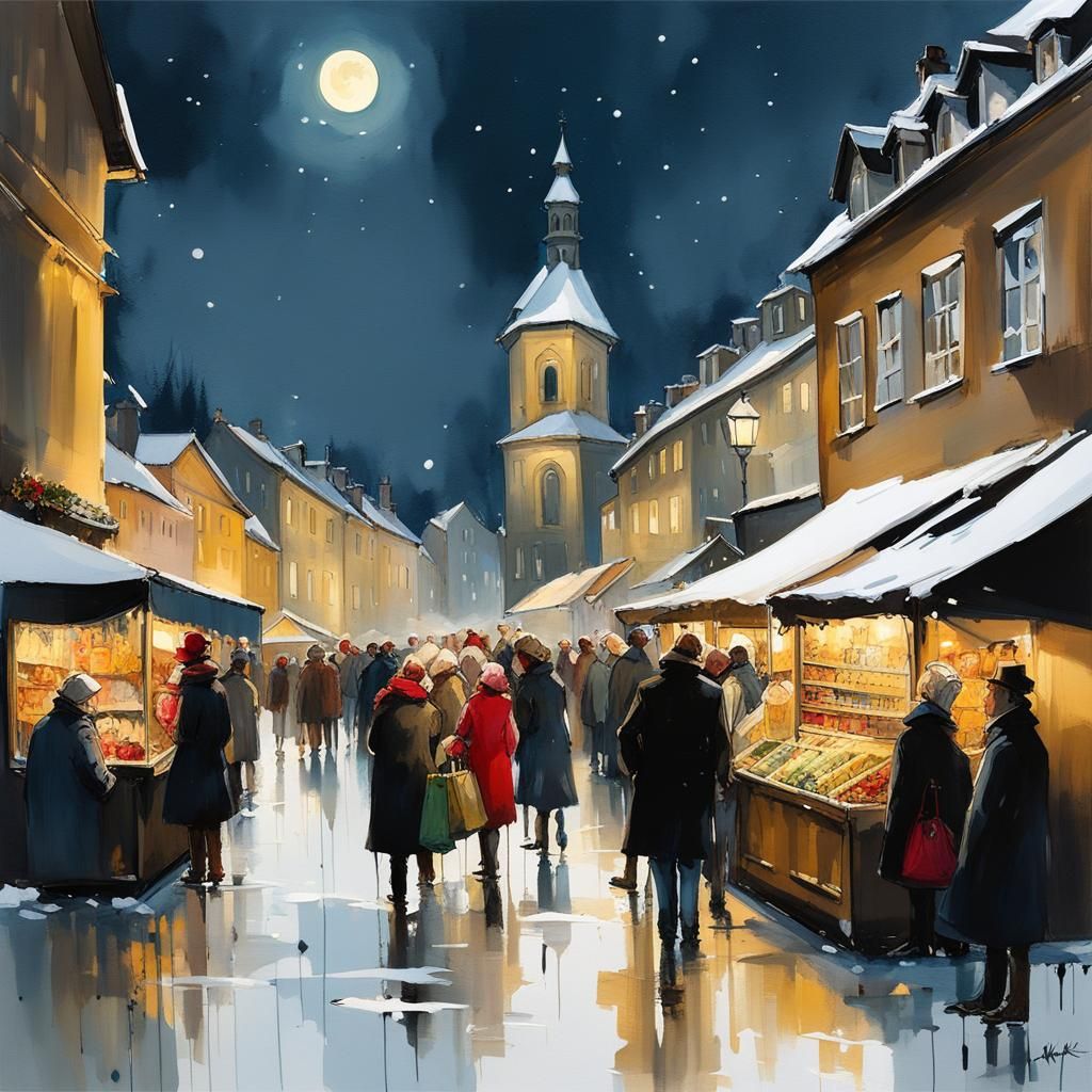 German Christmas Market Scene in Marbling Style